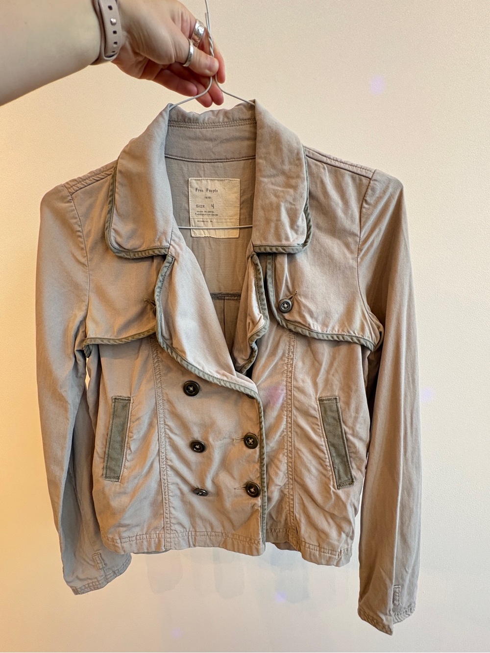 Free People Gray Double-Breasted Pea Coat with Contrast Trim